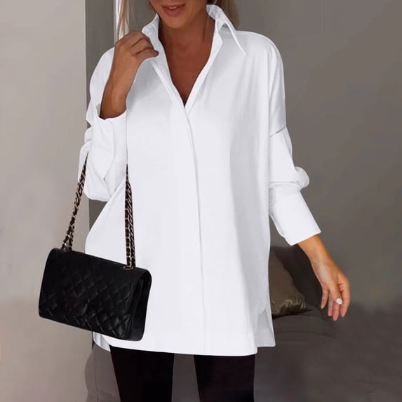 DYTTDG Women's New Plus Size Solid Color Button Lapel Long Sleeve Shirt Daily Casual Blouse Cardigan Basic Loose Tops Great Gifts for Less