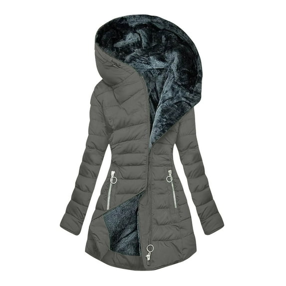 DYTTDG Women's New Winter Plus Size Hooded Jacket Solid Color Long Sleeve Zipper Pocket Padded Warm Outdoor Long Coat on Clearance Christmas Gift