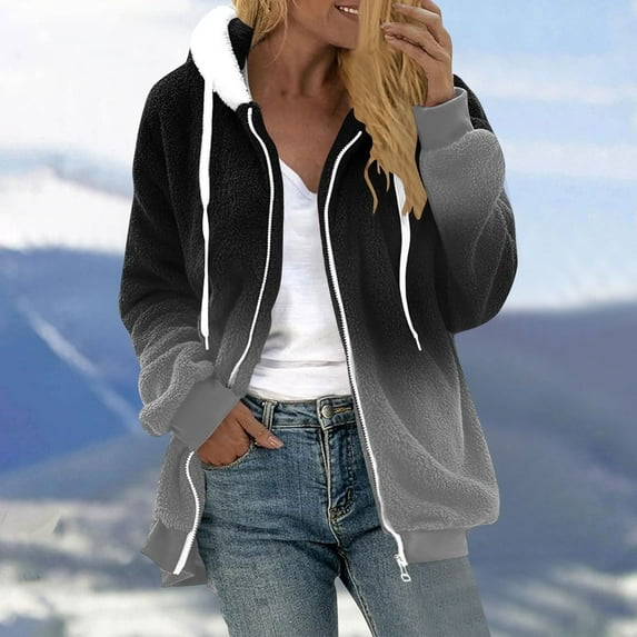 DYTTDG Women's New Winter Plush Hooded Jacket Casual Fashion Gradient Color Outdoor Warm Long Sleeve Hooded Outerwear on Clearance Christmas Gift