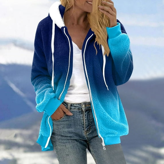 DYTTDG Women's New Winter Plush Hooded Jacket Casual Fashion Gradient Color Outdoor Warm Long Sleeve Hooded Outerwear on Clearance Christmas Gift