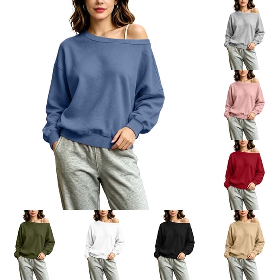 DYTTDG Women's Off Shoulder Long Sleeve Sweatshirt, Solid Loose Oversized Pullover Casual Loungewear Top for Spring Fall Winter Daily Wear