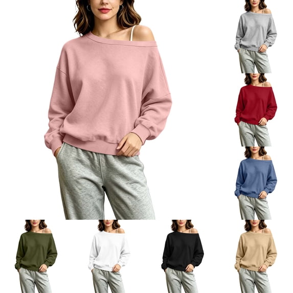 DYTTDG Women's Off Shoulder Long Sleeve Sweatshirt, Solid Loose Oversized Pullover Casual Loungewear Top for Spring Fall Winter Daily Wear