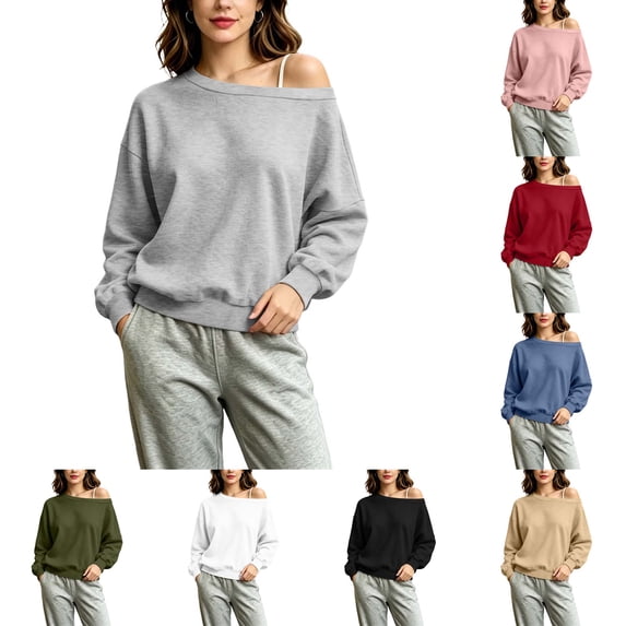 DYTTDG Women's Off Shoulder Long Sleeve Sweatshirt, Solid Loose Oversized Pullover Casual Loungewear Top for Spring Fall Winter Daily Wear