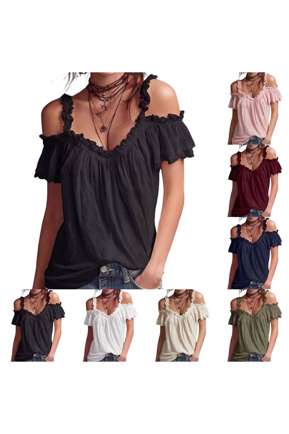 Women's Off-Shoulder Ruffle Blouse | V-Neck Short Sleeve Casual Summer Top, Flowy Boho Chic Top