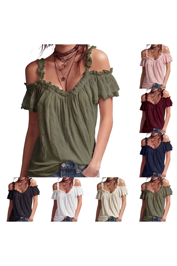 Women's Off-Shoulder Ruffle Blouse | V-Neck Short Sleeve Casual Summer Top, Flowy Boho Chic Top