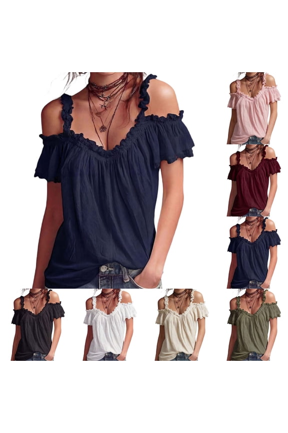 Women's Off-Shoulder Ruffle Blouse | V-Neck Short Sleeve Casual Summer Top, Flowy Boho Chic Top