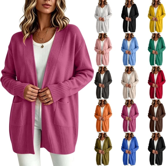 DYTTDG Women's Open Front Knit Cardigan, Solid Long Sleeve Ribbed Cuff Hem Side Pocket Loose Mid Length Casual Layering Outerwear Sweater