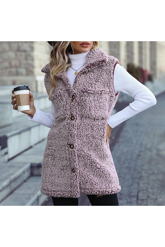 Women's Outdoor Solid Color Lapel Warm Plush Button Vest Sleeveless Loose Casual Jacket Great Gifts for Less