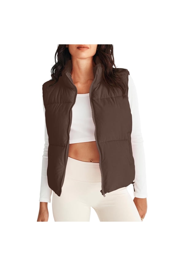 Women's Outdoor Warm Vest Fall and Winter Solid Color Standing Collar Sleeveless Cotton Jacket with Pockets Great Gifts for Less