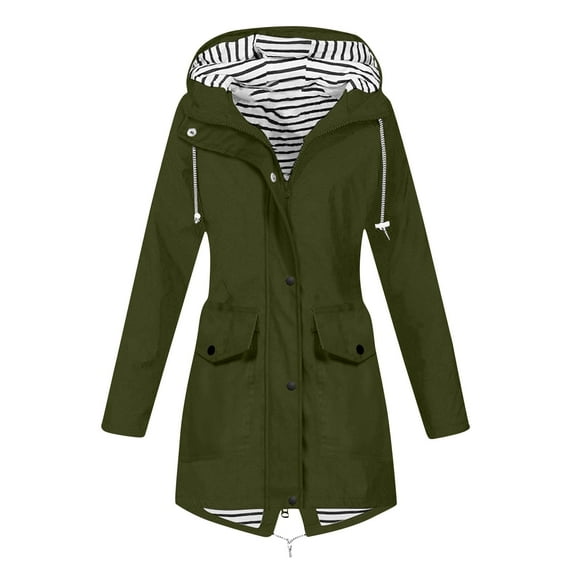 DYTTDG Women's Outdoor Waterproof Jacket Casual Striped Button Zipper Long Windbreaker Coat Drawstring Hooded Jacket with Pockets Great Gifts for Less End of Year Clearance
