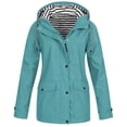thumbnail image 1 of DYTTDG Women's Outdoor Waterproof Jacket Casual Striped Button Zipper Long Windbreaker Coat Drawstring Hooded Jacket with Pockets Great Gifts for Less, 1 of 5