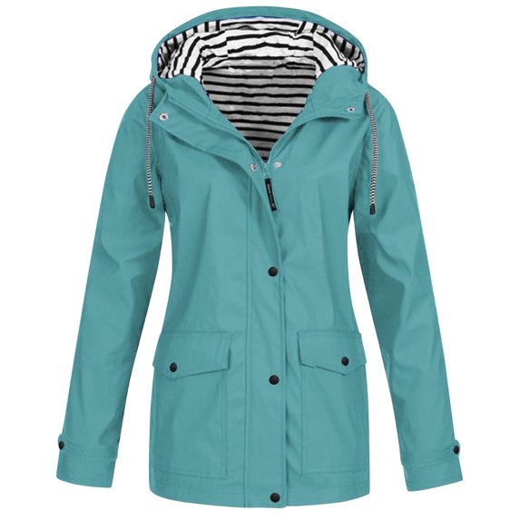 DYTTDG Women's Outdoor Waterproof Jacket Casual Striped Button Zipper Long Windbreaker Coat Drawstring Hooded Jacket with Pockets Great Gifts for Less
