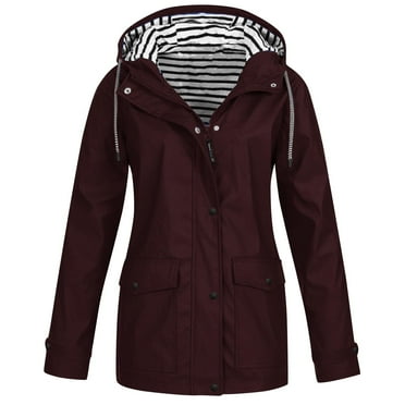 DYTTDG Women's Outdoor Waterproof Jacket Casual Striped Button Zipper Long Windbreaker Coat Drawstring Hooded Jacket with Pockets Great Gifts for Less