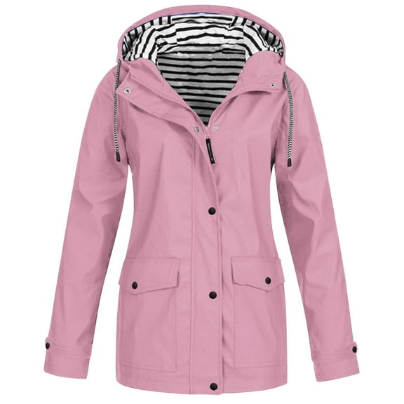 DYTTDG Women's Outdoor Waterproof Jacket Casual Striped Button Zipper Long Windbreaker Coat Drawstring Hooded Jacket with Pockets Great Gifts for Less