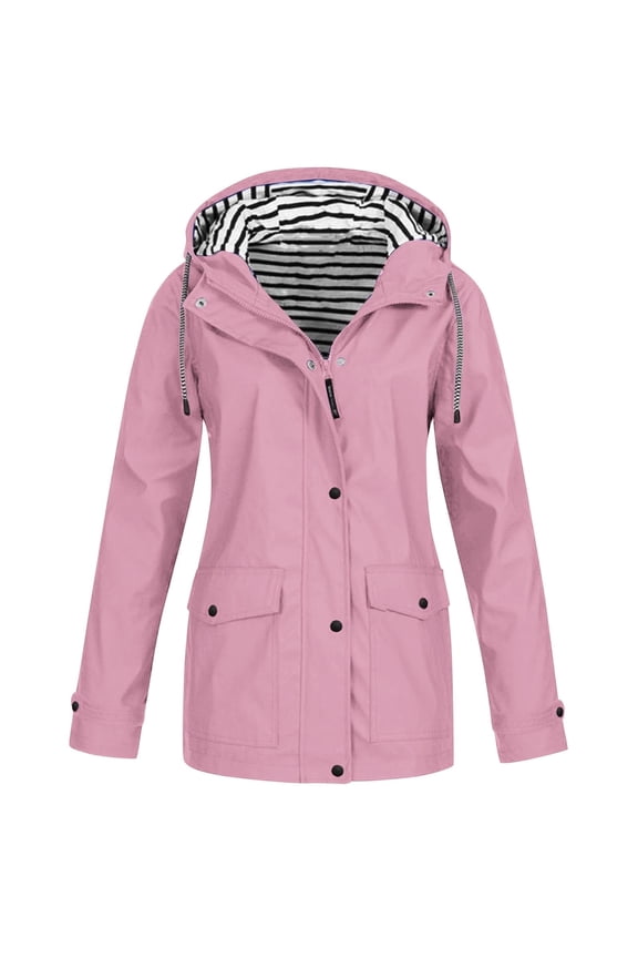 Women's Outdoor Waterproof Jacket Casual Striped Button Zipper Long Windbreaker Coat Drawstring Hooded Jacket with Pockets Great Gifts for Less End of Year Clearance