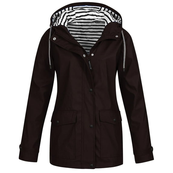 DYTTDG Women's Outdoor Waterproof Jacket Casual Striped Button Zipper Long Windbreaker Coat Drawstring Hooded Jacket with Pockets Great Gifts for Less