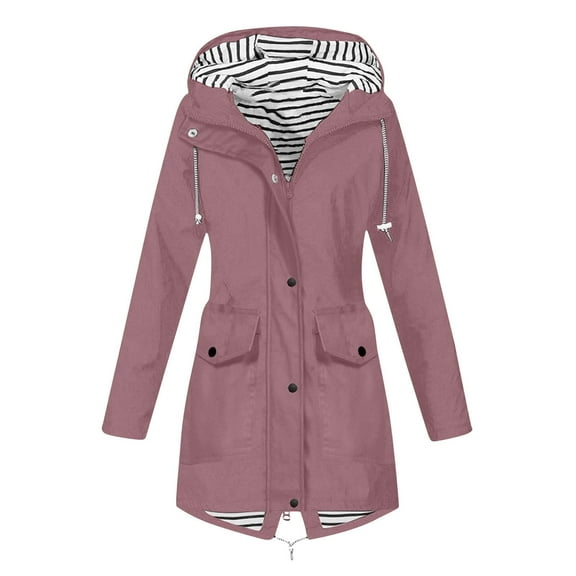 DYTTDG Women's Outdoor Waterproof Jacket Casual Striped Button Zipper Long Windbreaker Coat Drawstring Hooded Jacket with Pockets Great Gifts for Less
