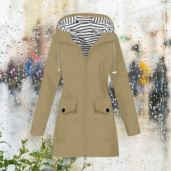 DYTTDG Women's Outdoor Waterproof Jacket Drawstring Hooded Zip up Jacket Long Sleeve Casual Jacket with Pockets Great Gifts for Less