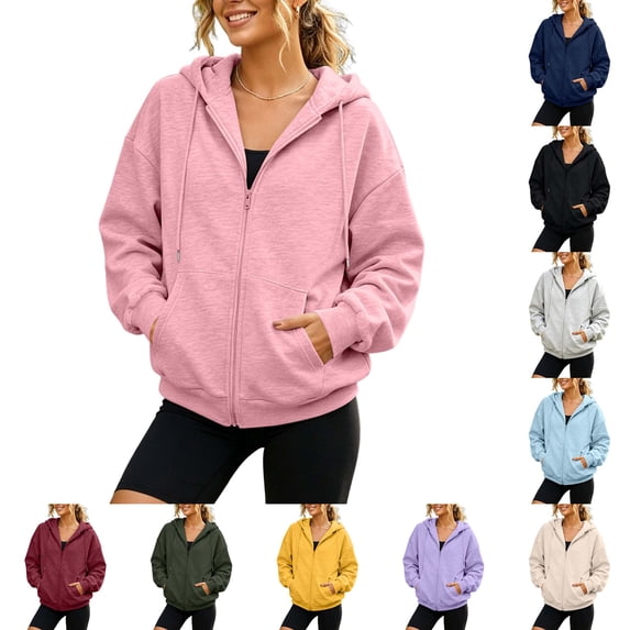 DYTTDG Women's Oversized Zip-Up Hoodie, Full-Zip Fleece Sweatshirt Jacket with Kangaroo Pocket and Drop Shoulder, Long Sleeve Solid Color Casual Coat for Fall Winter