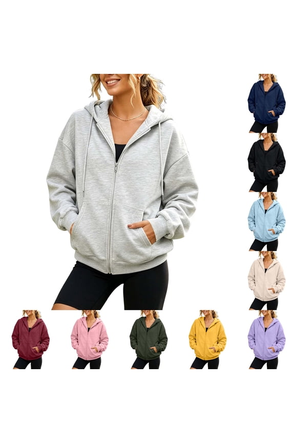 Women's Oversized Zip-Up Hoodie, Full-Zip Fleece Sweatshirt Jacket with Kangaroo Pocket and Drop Shoulder, Long Sleeve Solid Color Casual Coat for Fall Winter