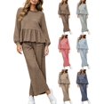 thumbnail image 1 of DYTTDG Women's Plaid Print 2-Piece Outfit Set | Long-Sleeve Crew-Neck Ruffle-Hem Top & Elastic Drawstring-Waist Pocket Wide-Leg Pants for Daily Casual Wear, 1 of 8