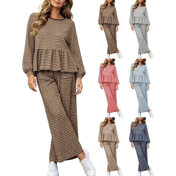 DYTTDG Women's Plaid Print 2-Piece Outfit Set | Long-Sleeve Crew-Neck Ruffle-Hem Top & Elastic Drawstring-Waist Pocket Wide-Leg Pants for Daily Casual Wear