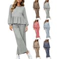 thumbnail image 1 of DYTTDG Women's Plaid Print 2-Piece Outfit Set | Long-Sleeve Crew-Neck Ruffle-Hem Top & Elastic Drawstring-Waist Pocket Wide-Leg Pants for Daily Casual Wear, 1 of 8