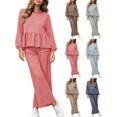 thumbnail image 1 of DYTTDG Women's Plaid Print 2-Piece Outfit Set | Long-Sleeve Crew-Neck Ruffle-Hem Top & Elastic Drawstring-Waist Pocket Wide-Leg Pants for Daily Casual Wear, 1 of 8