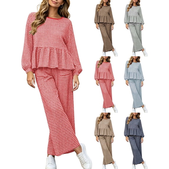DYTTDG Women's Plaid Print 2-Piece Outfit Set | Long-Sleeve Crew-Neck Ruffle-Hem Top & Elastic Drawstring-Waist Pocket Wide-Leg Pants for Daily Casual Wear