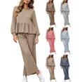thumbnail image 1 of DYTTDG Women's Plaid Print 2-Piece Outfit Set | Long-Sleeve Crew-Neck Ruffle-Hem Top & Elastic Drawstring-Waist Pocket Wide-Leg Pants for Daily Casual Wear, 1 of 8