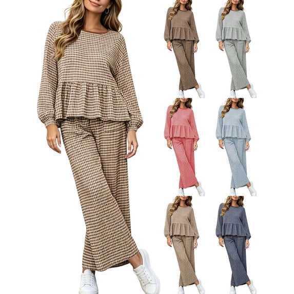 DYTTDG Women's Plaid Print 2-Piece Outfit Set | Long-Sleeve Crew-Neck Ruffle-Hem Top & Elastic Drawstring-Waist Pocket Wide-Leg Pants for Daily Casual Wear