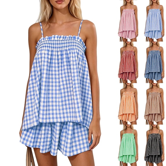 DYTTDG Women's Plaid Smocked Camisole Top and Wide Leg Shorts Set Summer Casual Beach Daily Vacation Boho 2-Piece Outfits