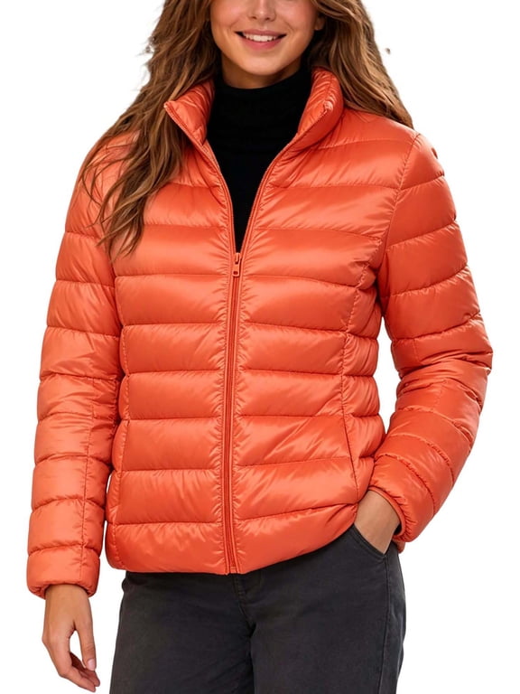 Women's Plus Casual Solid Color Long-Sleeve Zip-Up Puffer Jacket with High Collar and Side Pockets, Lightweight Warm Winter Outerwear for Daily Wear and Outdoor Activities