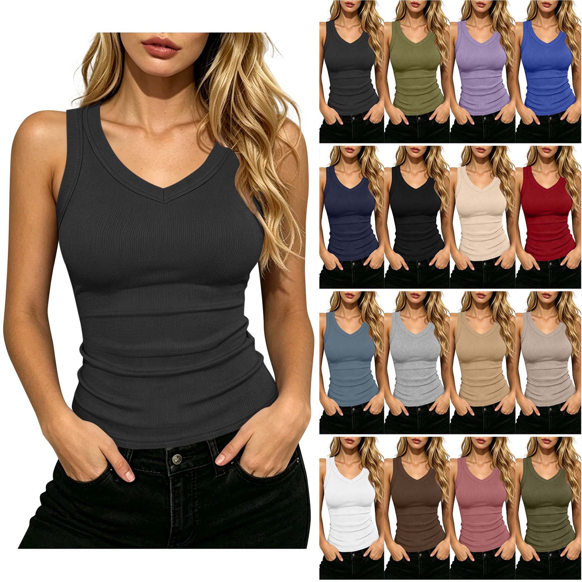 DYTTDG Women's Plus Ribbed Knit Tank Top, V-Neck Sleeveless Stretchy ...