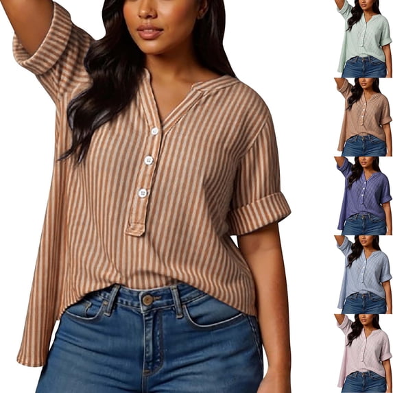 DYTTDG Women's Plus Size Striped Blouse | V-Neck Short Sleeve Henley Button Casual Summer Top, Loose Fit Vacation Shirt