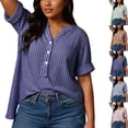 thumbnail image 1 of DYTTDG Women's Plus Size Striped Blouse | V-Neck Short Sleeve Henley Button Casual Summer Top, Loose Fit Vacation Shirt, 1 of 8