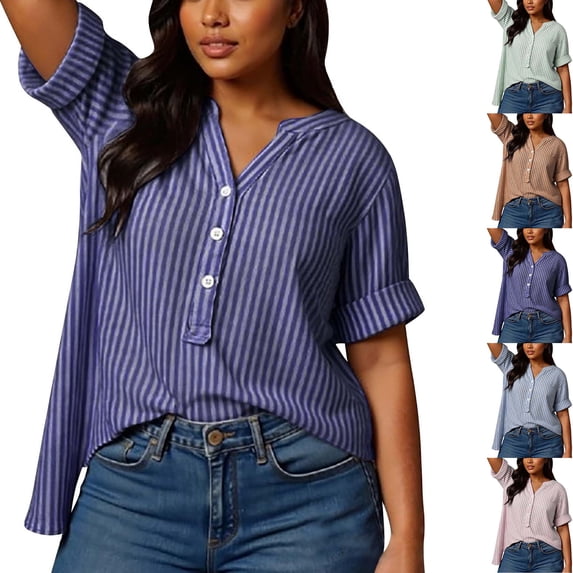 DYTTDG Women's Plus Size Striped Blouse | V-Neck Short Sleeve Henley Button Casual Summer Top, Loose Fit Vacation Shirt