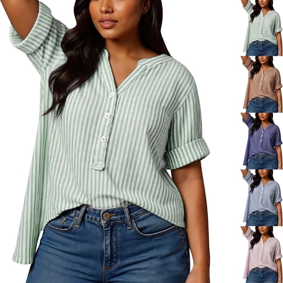 DYTTDG Women's Plus Size Striped Blouse | V-Neck Short Sleeve Henley Button Casual Summer Top, Loose Fit Vacation Shirt