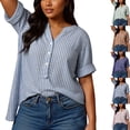thumbnail image 1 of DYTTDG Women's Plus Size Striped Blouse | V-Neck Short Sleeve Henley Button Casual Summer Top, Loose Fit Vacation Shirt, 1 of 8