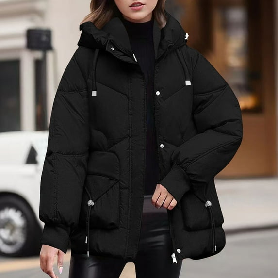 Jackets for Women DYTTDG Women's Plus Size Winter Hooded Jacket Long Sleeve Drawstring Hooded Zip up Button Casual Fashion Loose Coat with Pockets Great Gifts for Less