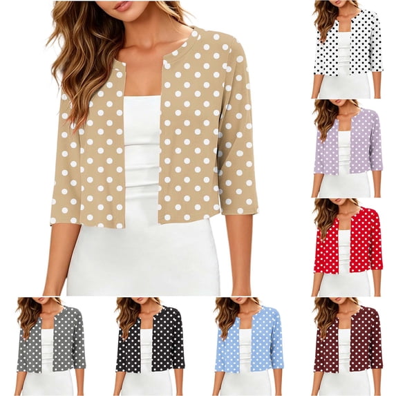 DYTTDG Women's Polka Dot Cropped Cardigan | 3/4 Sleeve Open Front Round Neck Shrug for Summer, Lightweight Cover Up