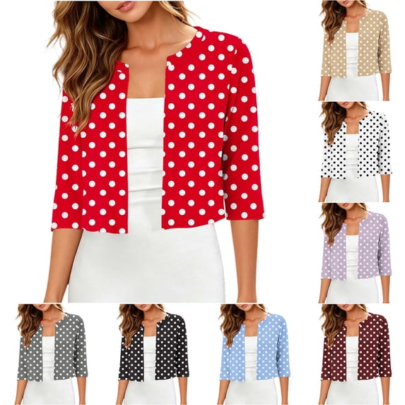 DYTTDG Women's Polka Dot Cropped Cardigan | 3/4 Sleeve Open Front Round Neck Shrug for Summer, Lightweight Cover Up