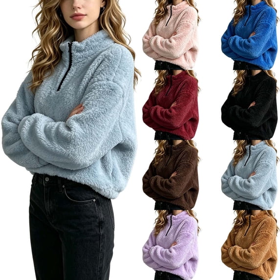 DYTTDG Women's Quarter Zip Fleece Pullover, Long Sleeve Solid Stand Collar Cropped Sweatshirt Loose Casual Outdoor Daily Top for Fall & Winter
