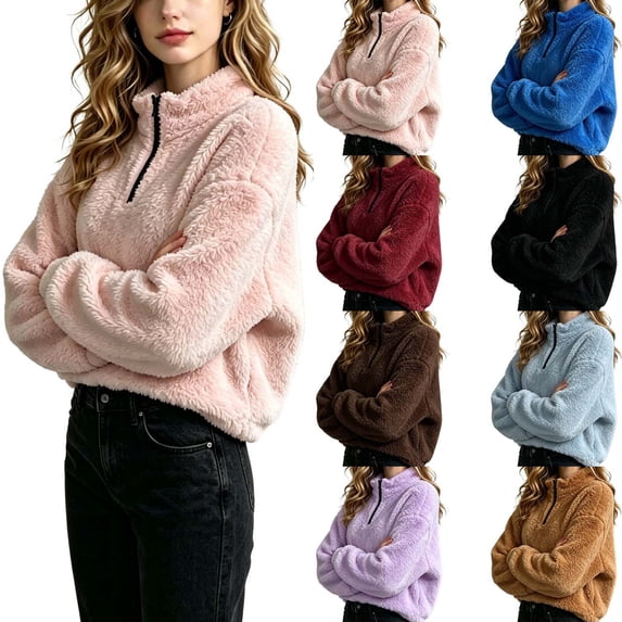 DYTTDG Women's Quarter Zip Fleece Pullover, Long Sleeve Solid Stand Collar Cropped Sweatshirt Loose Casual Outdoor Daily Top for Fall & Winter