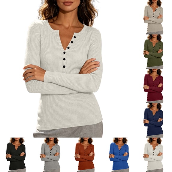 DYTTDG Women's Ribbed Knit Henley Sweater, Long Sleeve Solid Slim Fit Button V Neck Pullover Top Versatile for Spring Fall Office Daily Outfits