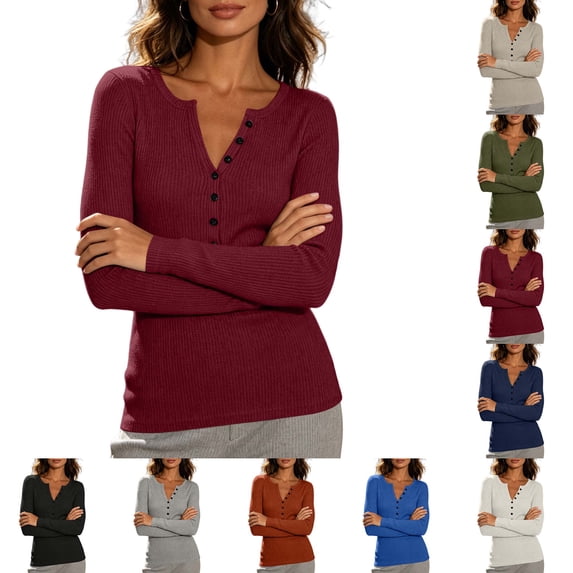 DYTTDG Women's Ribbed Knit Henley Sweater, Long Sleeve Solid Slim Fit Button V Neck Pullover Top Versatile for Spring Fall Office Daily Outfits