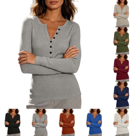 DYTTDG Women's Ribbed Knit Henley Sweater, Long Sleeve Solid Slim Fit Button V Neck Pullover Top Versatile for Spring Fall Office Daily Outfits