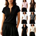 thumbnail image 1 of DYTTDG Women's Ribbed Knit Notch Shirt | Short Sleeve Henley Button Down Collared Casual Blouse for Everyday & Work, Stretchy Knit Top, 1 of 6