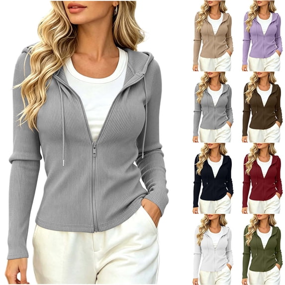 DYTTDG Women's Ribbed Knit Zip-Up Hoodie, Slim Fit Full-Zip Sweater Jacket with Drawstring Hood, Long Sleeve Solid Color Cardigan for Fall