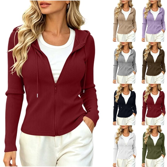 DYTTDG Women's Ribbed Knit Zip-Up Hoodie, Slim Fit Full-Zip Sweater Jacket with Drawstring Hood, Long Sleeve Solid Color Cardigan for Fall